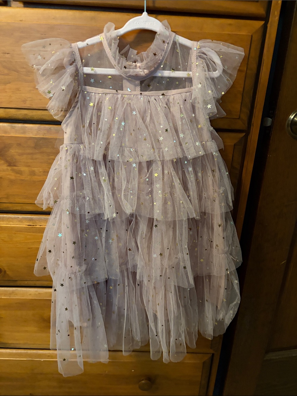 Children's Star-Embellished Tiered Tulle Dress - Blush Pink